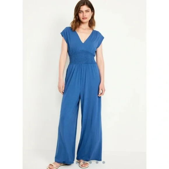 Old Navy Pants - Old Navy Romper Women's Size XXL Blue NWT Wide Leg Jersey Travel V Neck Tie Back